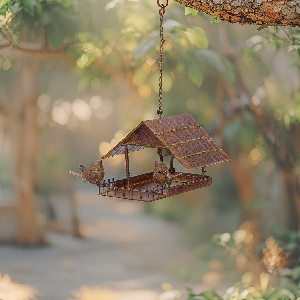 Rust Hanging Birdhouse with 2 Birds.