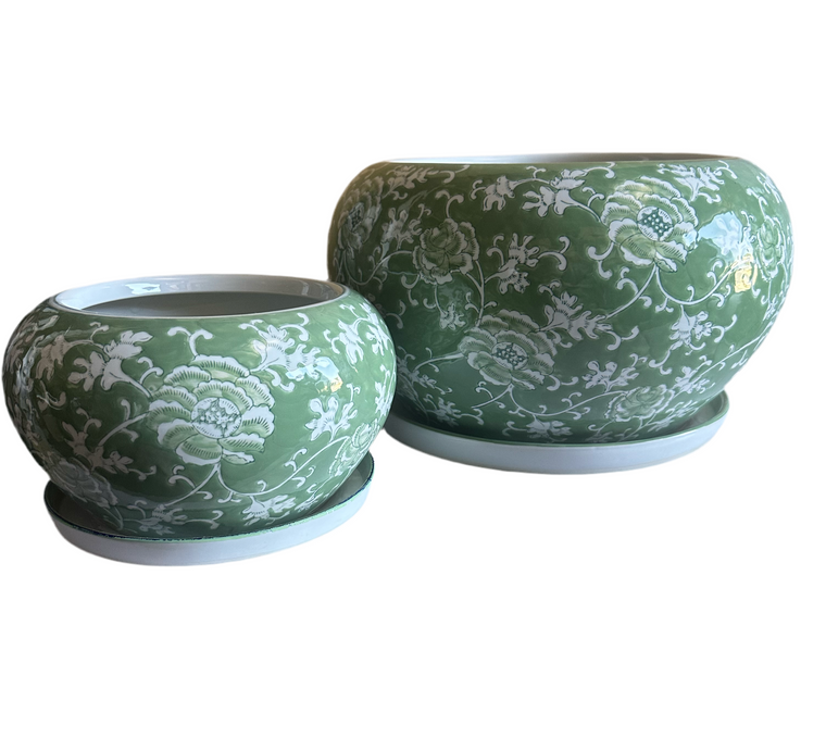 Green Blossom Bellied Planters with Saucer