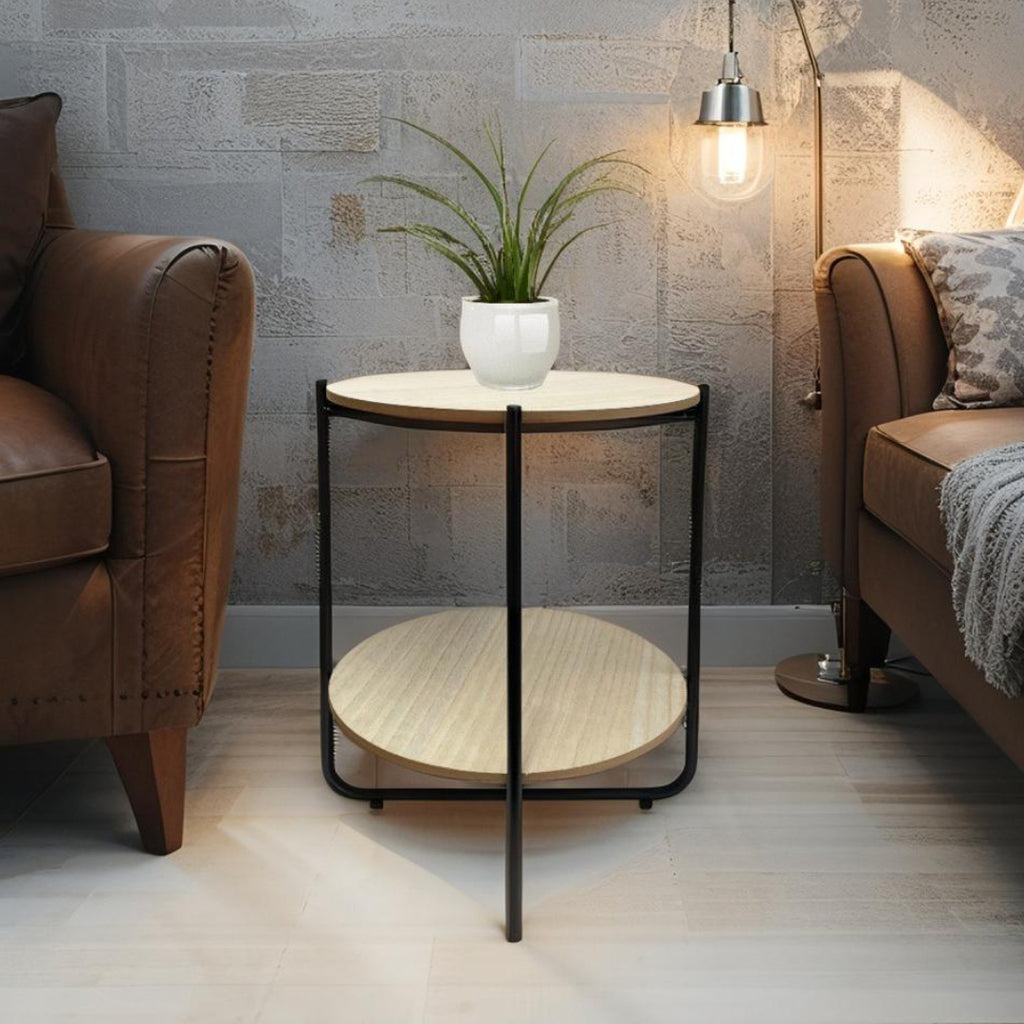 Round Lightwood Side Table with shelf