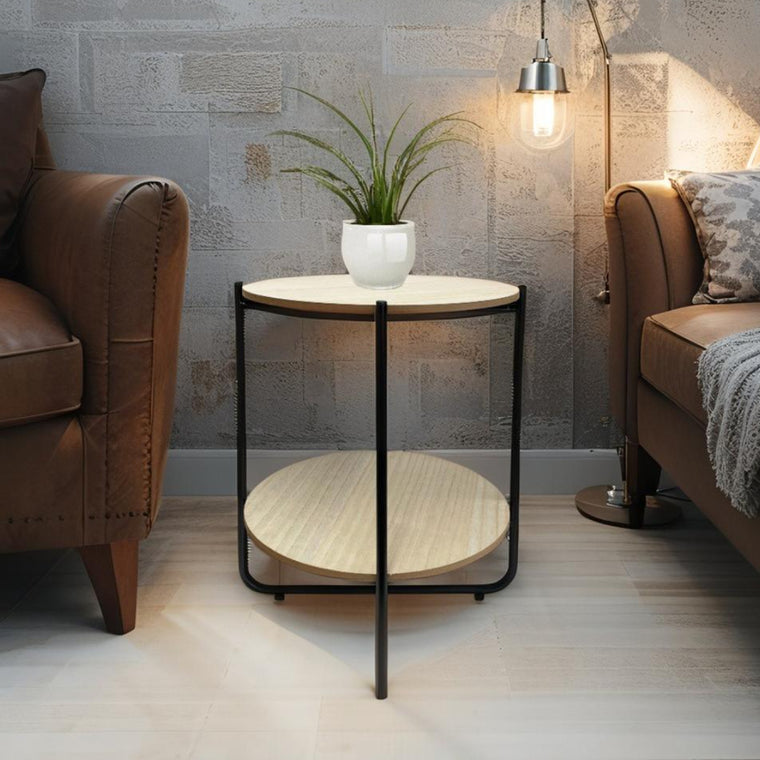 Round Lightwood Side Table with shelf