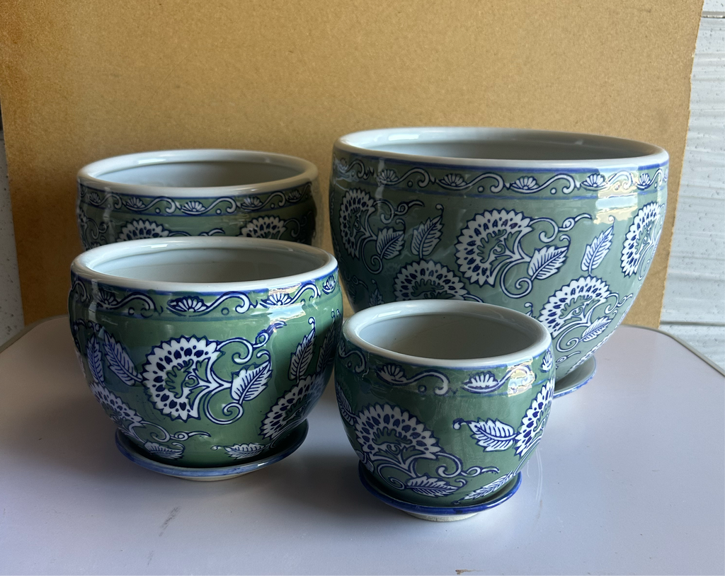 Vintage Green Pattern Ceramic Pots with Saucer