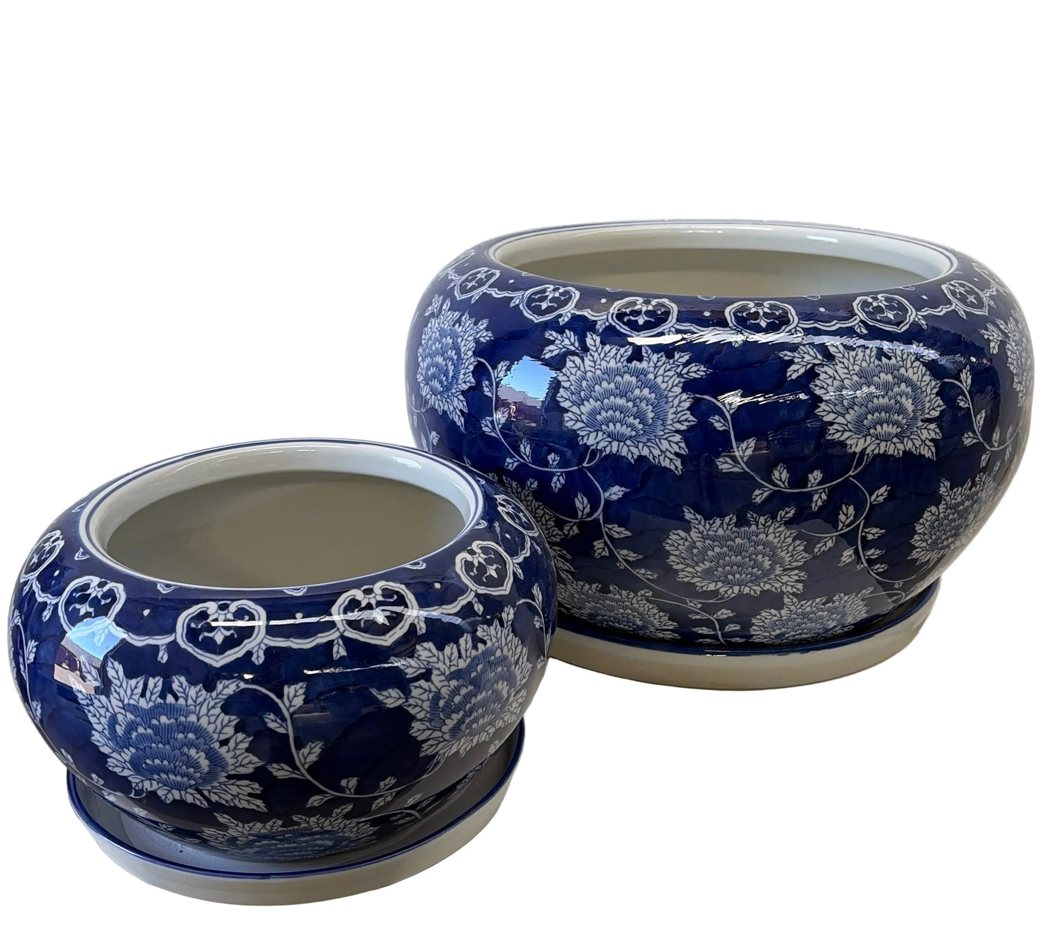XL Blue Chrysanthemum Bellied Planters
