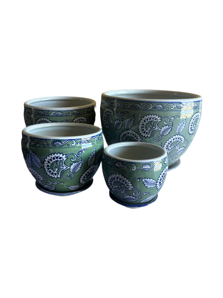 Vintage Green Pattern Ceramic Pots with Saucer