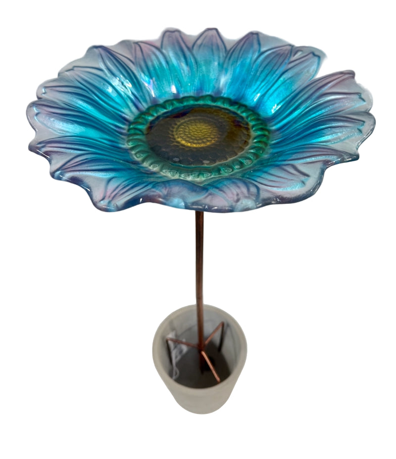 Blue Dahlia Glass Bird Bath on Stake
