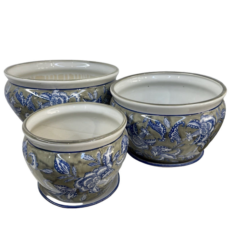 Sage Grey Floral Design Large Squat Planters with Saucer