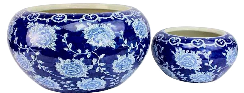 XL Blue Chrysanthemum Bellied Planters