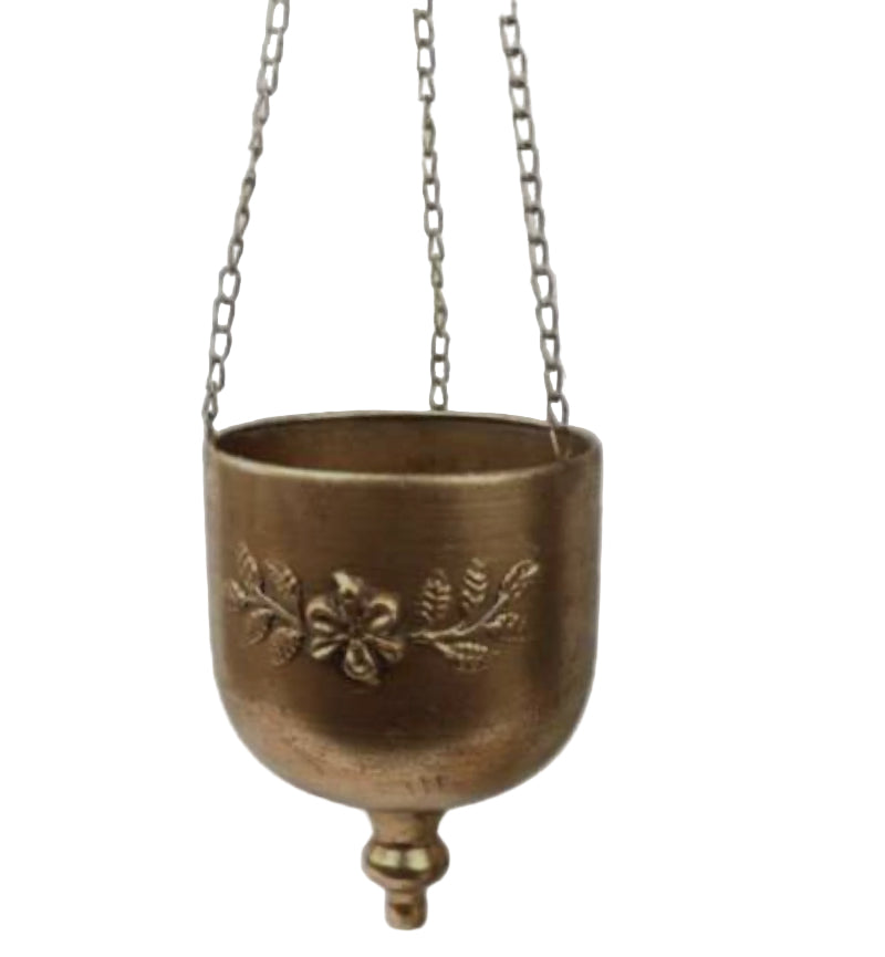 Hanging Floral Emblem Planter - Brass Finish