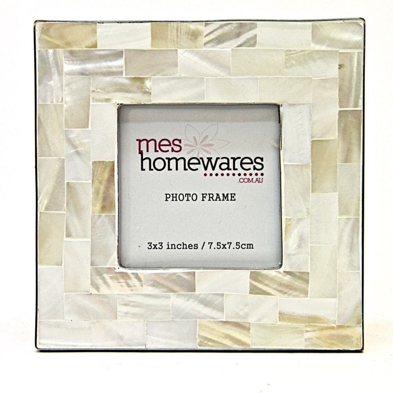 Photo Frame Silver Edge Mother of Pearl White 3×3