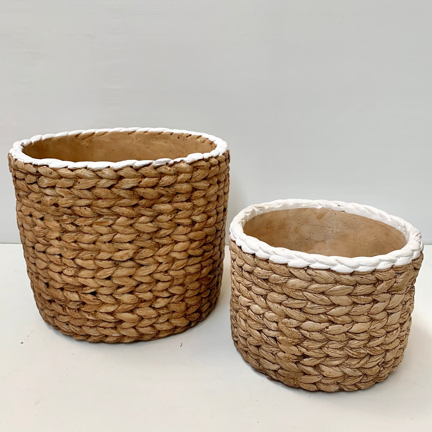 White Trim Basket Weave Pots